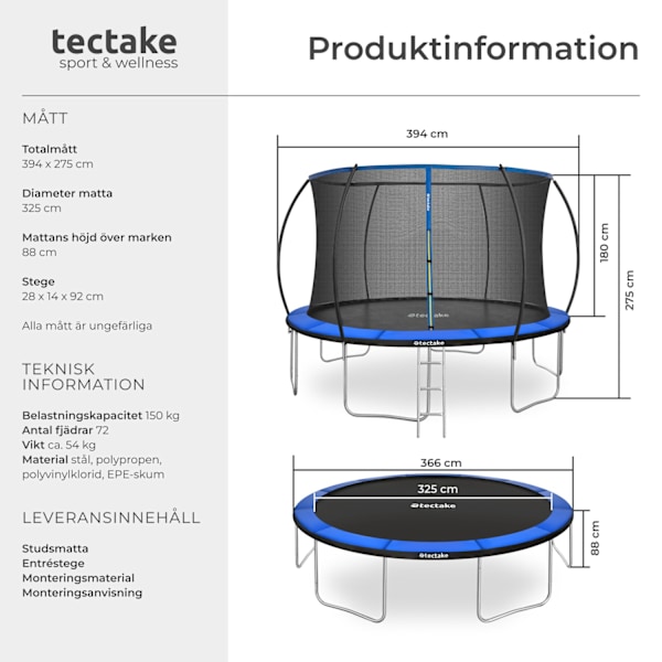 tectake Studsmatta Jumpy med skyddsnät - 366 cm Blå