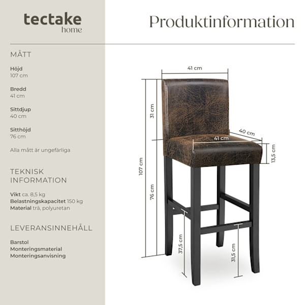 tectake Barstol i konstläder -  per styck Brun