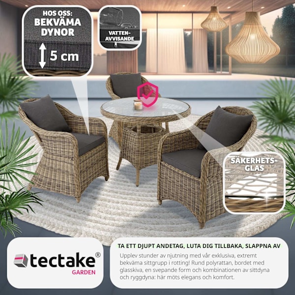 tectake Lyxig möbelgrupp i konstrotting med 3 fåtöljer och bord Natur