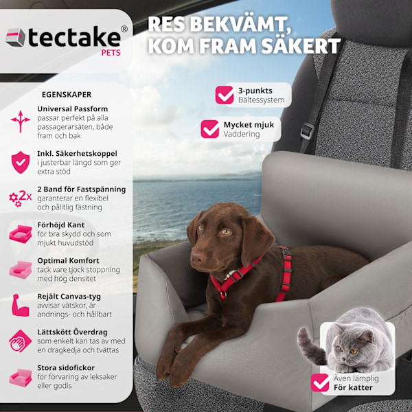 tectake Hundbilstol Milow, vadderad, med säkerhetskoppel grå