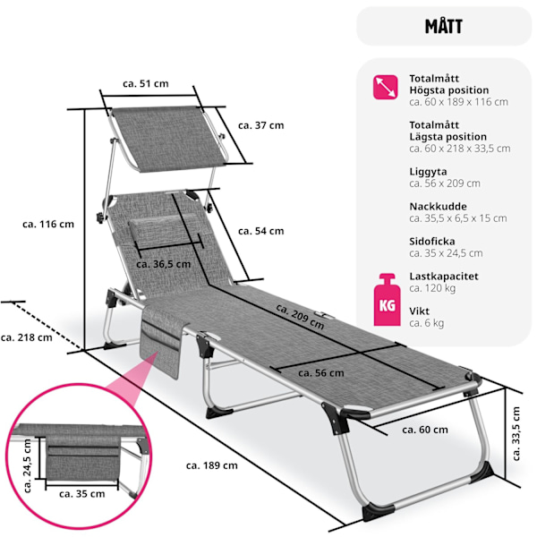 tectake Solstol Aurelie i aluminium, 6-stegs justerbar grå