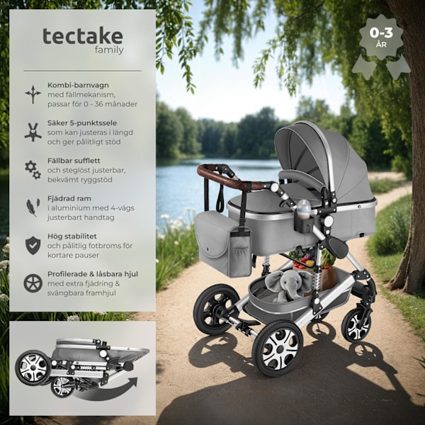 tectake Kombi-barnvagn Mats, 5-punktsbälte & hopfällbar grå