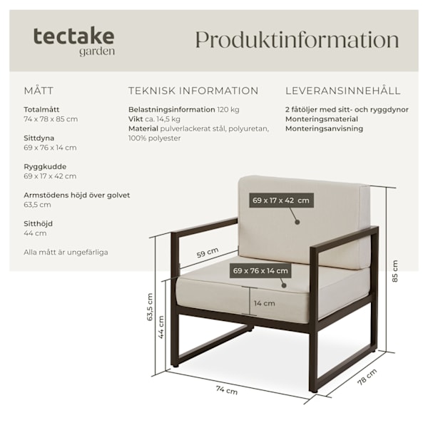 tectake Loungestol Comosa - Uppsättning av 2 Beige