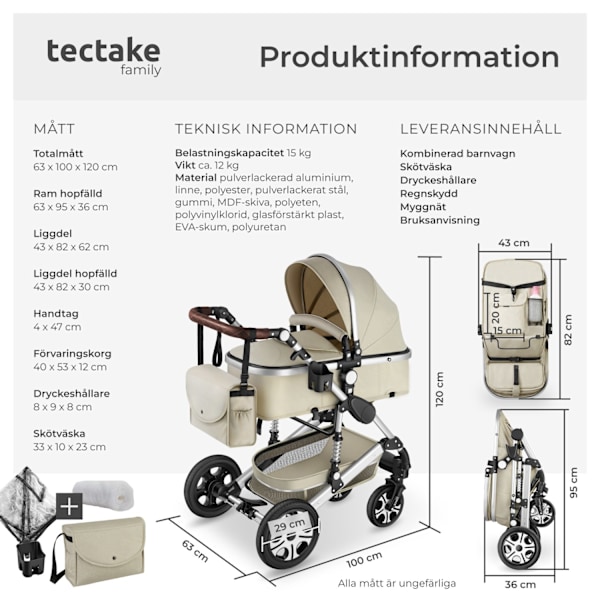 tectake Kombi-barnvagn Mats, 5-punktsbälte & hopfällbar Beige