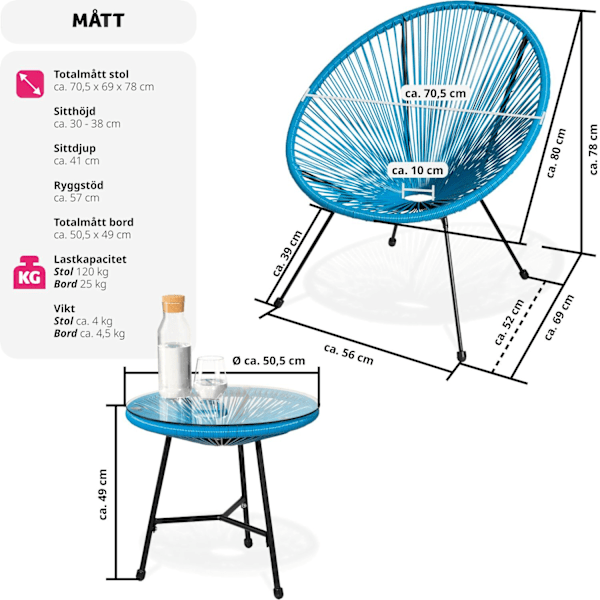 tectake 2-set Loungestol Santana med bord Blå