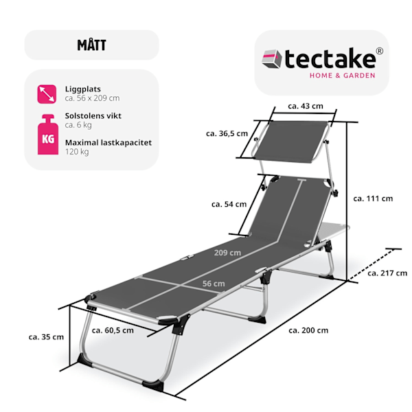 tectake Solstol Aurelie aluminium, 6-faldigt justerbar grå