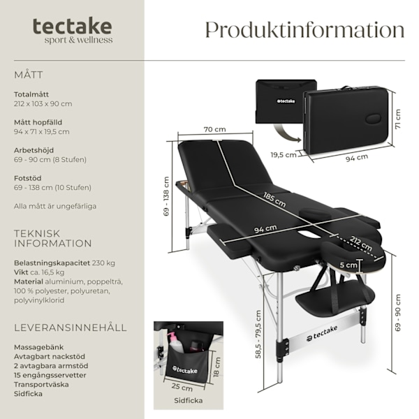 tectake 3 zons massagebänk Phuket, bärväska & aluminiumram Svart