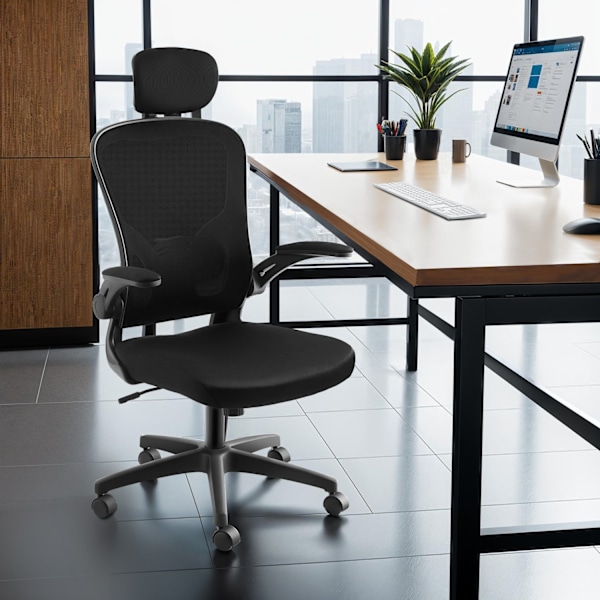 tectake Skrivbordsstol Arges, ergonomisk med justerbart nackstöd Svart