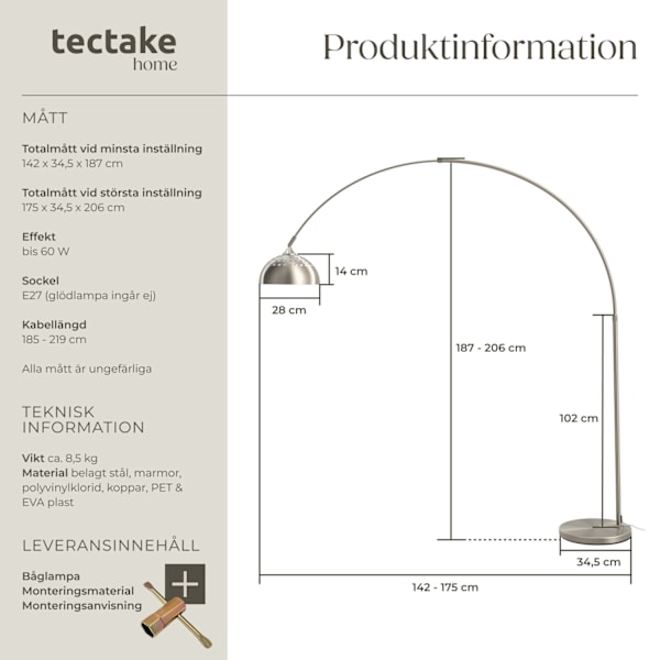 tectake Golvlampa Arcus, stål, 60W Matt nickel