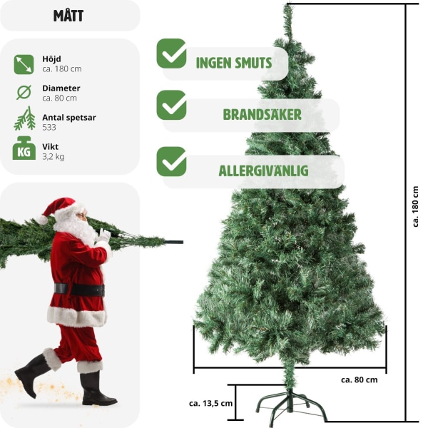 tectake Julgran konstgjord med metallstativ, grön - 180 cm Grön