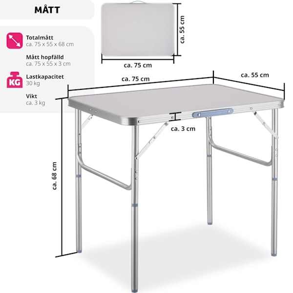 tectake Campingbord i aluminium, hopfällbart 75 x 55 x 68cm grå