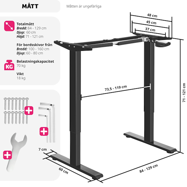 tectake Höj-och sänkbart bordsstativ Idun, med handvev Svart