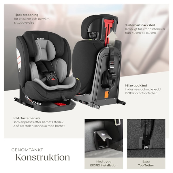 tectake Roterbar bilbarnstol Linus, i-Size godkänd, ISOFIX Ljusgrå