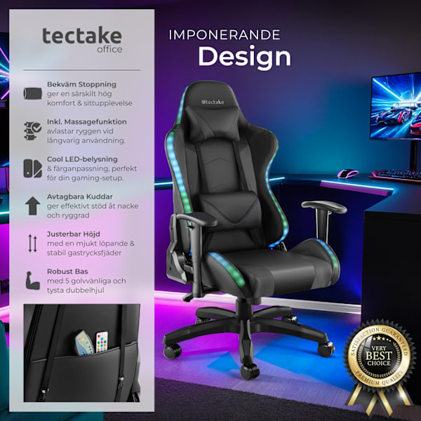 tectake Gamingstol Tartaros, LED, massagefunktion Svart