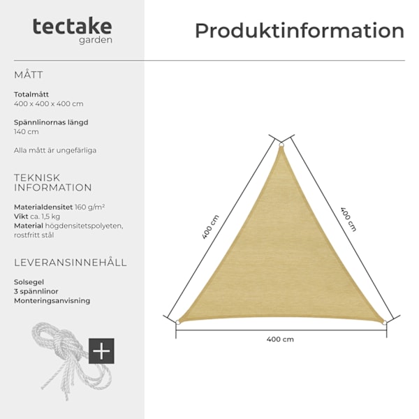 tectake Solsegel i polyeten trekantigt, beige - 400 x 400 x 400 cm Beige