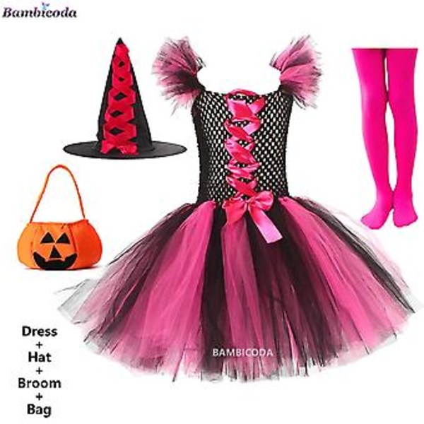 2023 Häxkostym för flickor halloween tutu knälång klänning med hatt kvast strumpbyxor barn karneval cosplay festklädsel set S(2-3y) C8