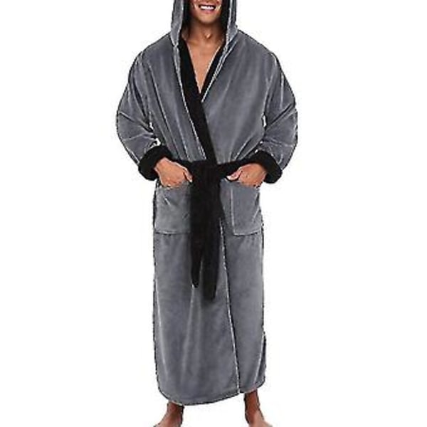 Herrarnas Varmfodrad Huvad Kapuschong Badrocka Handdukspläd Lång Dressing Gown (4XL Grå Svart)