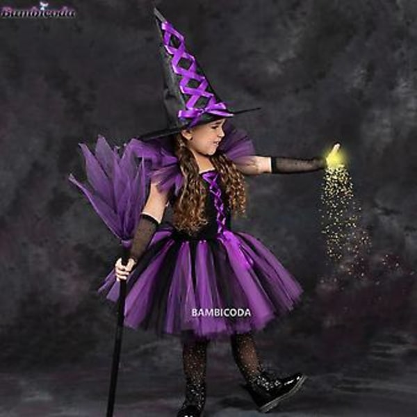 2023 Häxkostym för flickor Halloween Tutu Knälång Klänning med Hatt Kvast Strumpbyxor Barn Karneval Cosplay Festkläder Set Xl(8-9y) B8