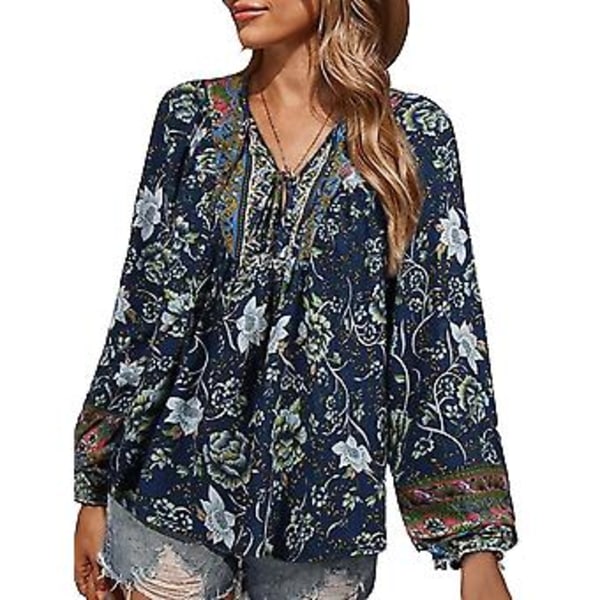 Kvinnor Boho Blommig Casual Blus Dam Baggy Pullover Tunika Casual Skjorta Plus Storlek (5XL Marinblå）