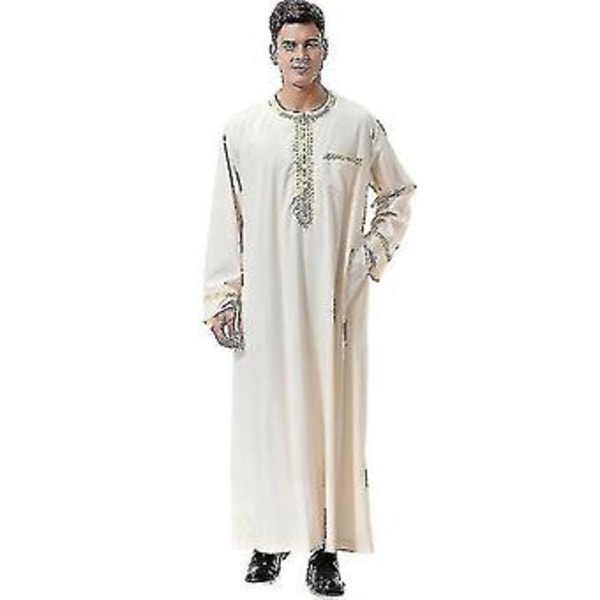 Män Mu  Saudi Robe Kaftan Dubai Tunika Lång Topp Blus Thobe Kläder Hög Kvalitet (2XL beige）