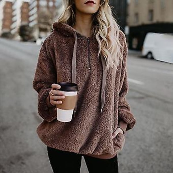 Kvinnor varm fluffig vinter topp hoodie sweatshirt damer huvtröja pullover jumper M Grå