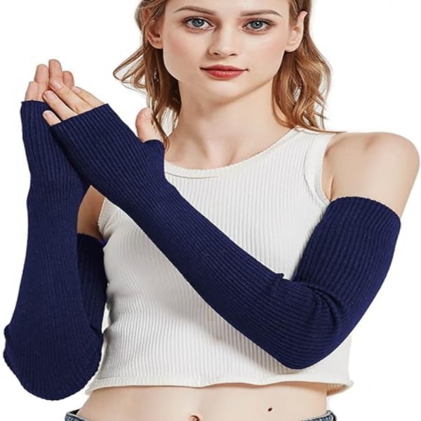 Dam handskar i plysch - marinblå, långa armvärmare
