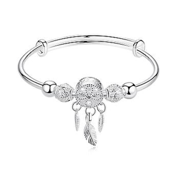 925 Sterling Silver Dreamcatcher Tassel Feather Round Bead Charm Armband