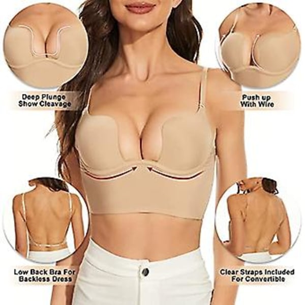 Kvinnor djup u multi-way push up konvertibel låg skuren plunge bh shapewear bygel sömlös vadderad body shaper rygglös underkläder L Beige