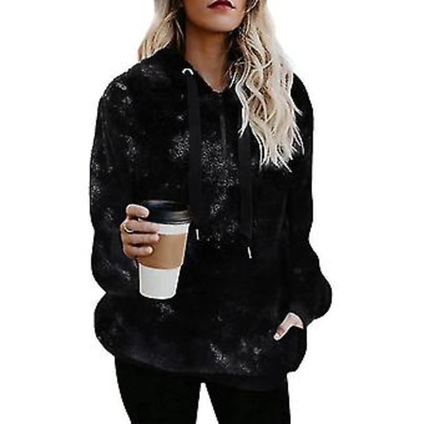 Dam Oversized Sherpa Pullover Hoodie Med Fickor Fuzzy Fleece Fluffig Jacka (S Svart)