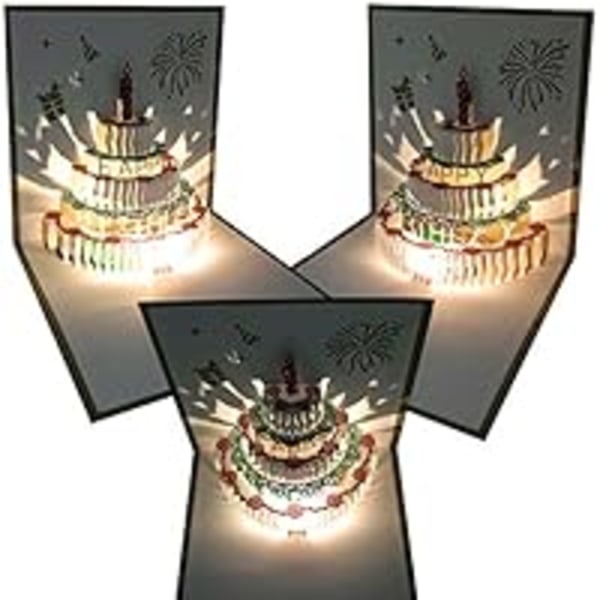 3D Pop Up-födelsedagskort, värmande LED-ljus Födelsedagstårta Musik Ha