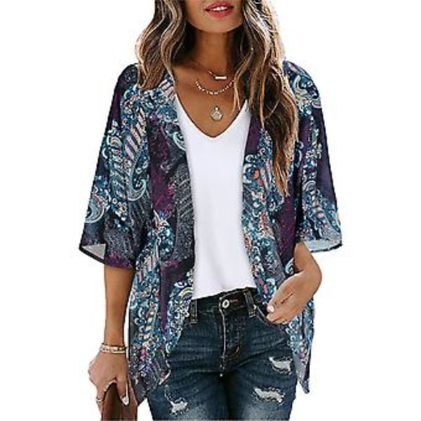 Dam Kimono Cardigan med Blommigt Mönster, Lösa Puffärmar, Casual Blus Toppar (XL lila)