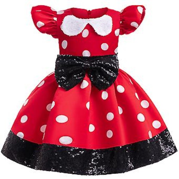 1-8 år Flickor Minnie Mouse Prinsessa Polka Dot Klänning Fest Bollklänning Rosett Swing Klänningar (5-6 år)