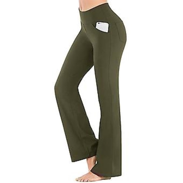 Damernas Högmidjade Flared Byxor Bell Bottom Yogabyxor Med Fickor Plus Size (S Grön)