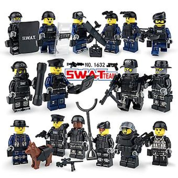 16 st Militär SWAT Minifigur Små Partikel Montering Minifigur Leksak