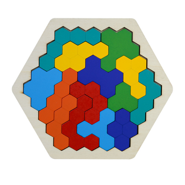 1 st. Träpussel i Hexagonform - Formblock Tangram Hjärnteaser Leksak*