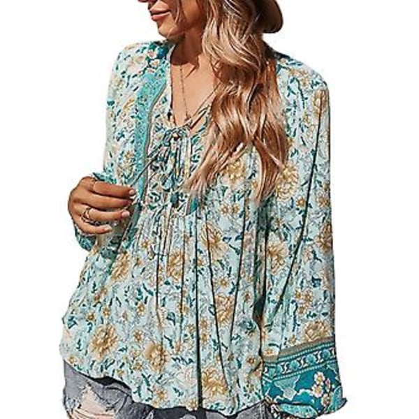 Kvinnor Boho Blommig Casual Blus Dam Baggy Pullover Tunika Casual Skjorta Plus Storlek (4XL Grön）