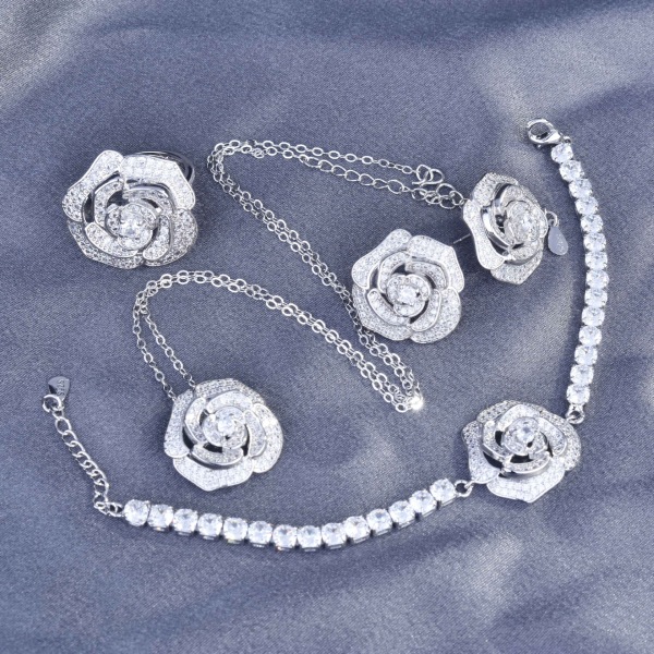 Camellia Flower Örhängen, Ringar, hängen, halsband Sterling Silv