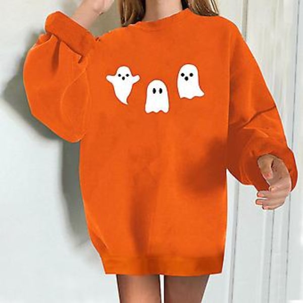 Halloween-kostym för kvinnor, vinter, sexig, rund hals, långärmad, tryckt, vanlig sweatshirt, blus, M, orange