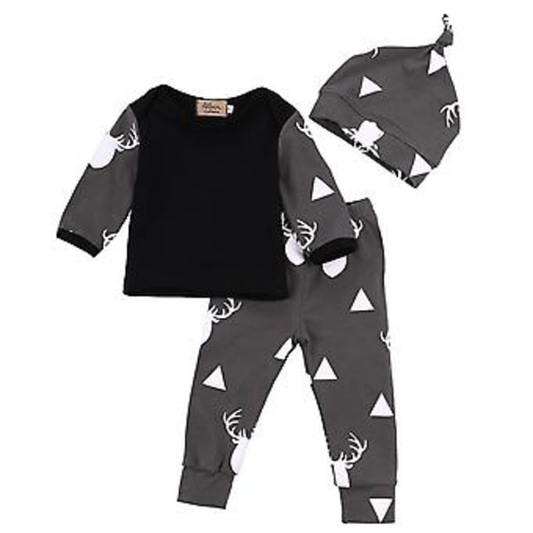 3-pack Nyfödd Bebis Pyjamas Långärmad T-shirt Toppar Byxor Beanie Hatt Outfit (6-9 Månader)