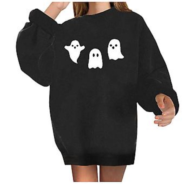 Halloween-kostymer för kvinnor, vinter, sexig rund hals, långärmad topp, tryckt vanlig sweatshirtblus, S, svart