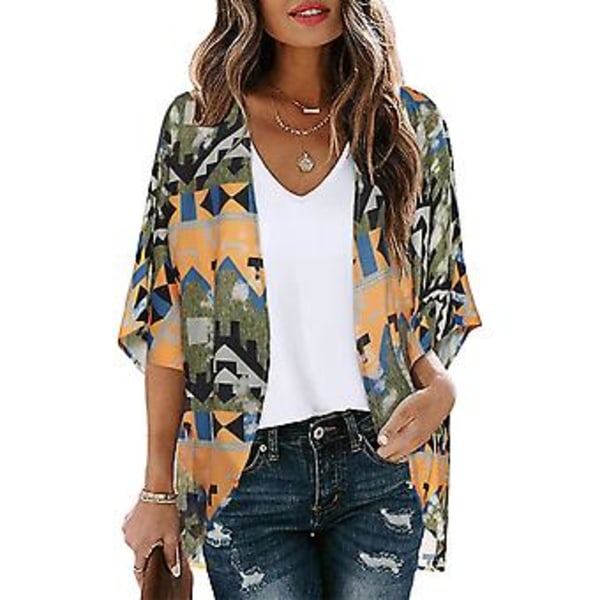 Dam Kimono Cardigan med Blommigt Mönster, Puffärmar, Lös, Casual Blus Toppar (2XL boho)