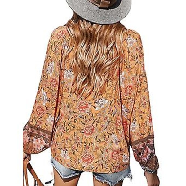 Kvinnor Boho Blommig Casual Blus Dam Baggy Pullover Tunika Casual Skjorta Plus Storlek (M Orange）