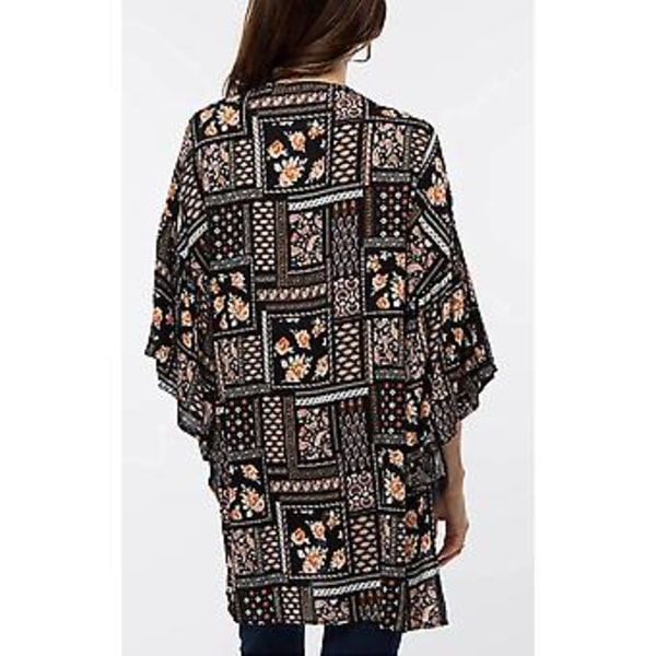 Dam Kimono Cardigan med Blommigt Mönster, Lösa Puffärmar, Casual Blus Toppar (3XL svart3)