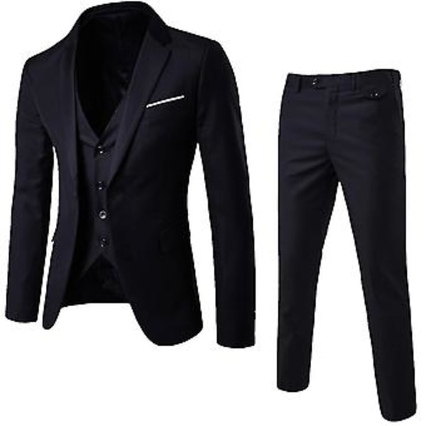 Herr 3-delars Slim Fit Kostym Set En Knapp Solid Jacka Väst Byxor Business Set En Bästa Present (L Svart）