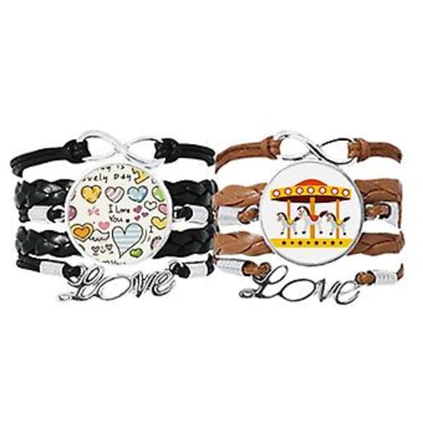 Färgglad karusell illustration armband handrem läder kärleksmönster armband dubbel uppsättning