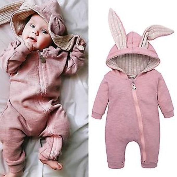 Baby Jumpsuit med Kaninöron, Full Zip, Pyjamas, Sovkläder (12-18 Månader, Rosa)