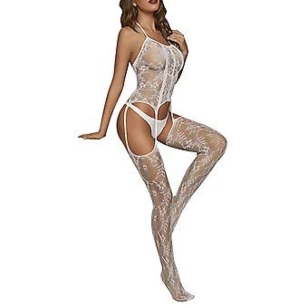 Kvinnlig Sexig Spetsfiskgarn Lingerie Bodystocking Set Erotisk Underkläder Nattkläder (Vit)