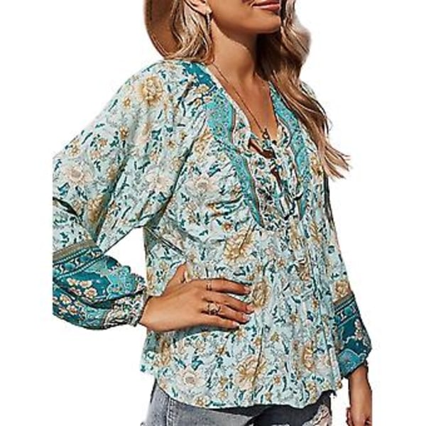 Kvinnor Boho Blommig Casual Blus Dam Baggy Pullover Tunika Casual Skjorta Plus Storlek (4XL Grön）