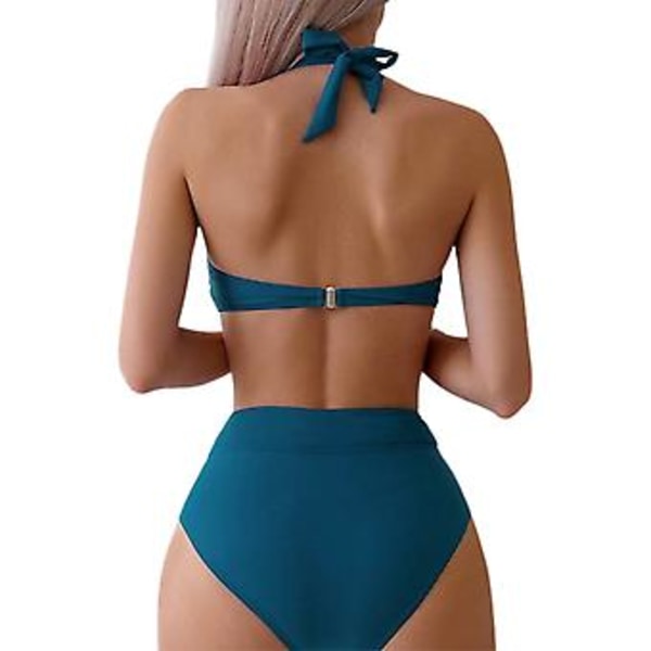 Padded Push Up Halter Bikini Set för Kvinnor, Högmidje Badkläder, Sommar Strand Badkläder, Badkläder, Simdräkter (L Peacock Green)