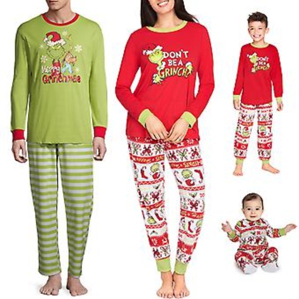 Grinch Familjepysjamas för Vuxna och Barn - Roliga Tryck - Matchande Nattkläder - Jul (XL Kvinna)